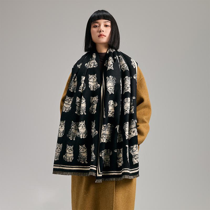 Luxury   Women Soft Winter Cashmere Scarf  Fashion Cartoon Cat Warm Shawl And Wrap Bandana Pashmina Female Scarves