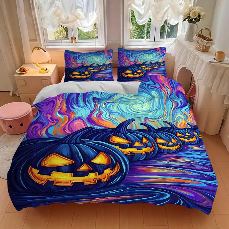 3pcs Halloween Pumpkins Bedding Set - 1 Duvet Cover + 2 Pillowcases(Core Not Included), Machine Washable Polyester yy251216170
