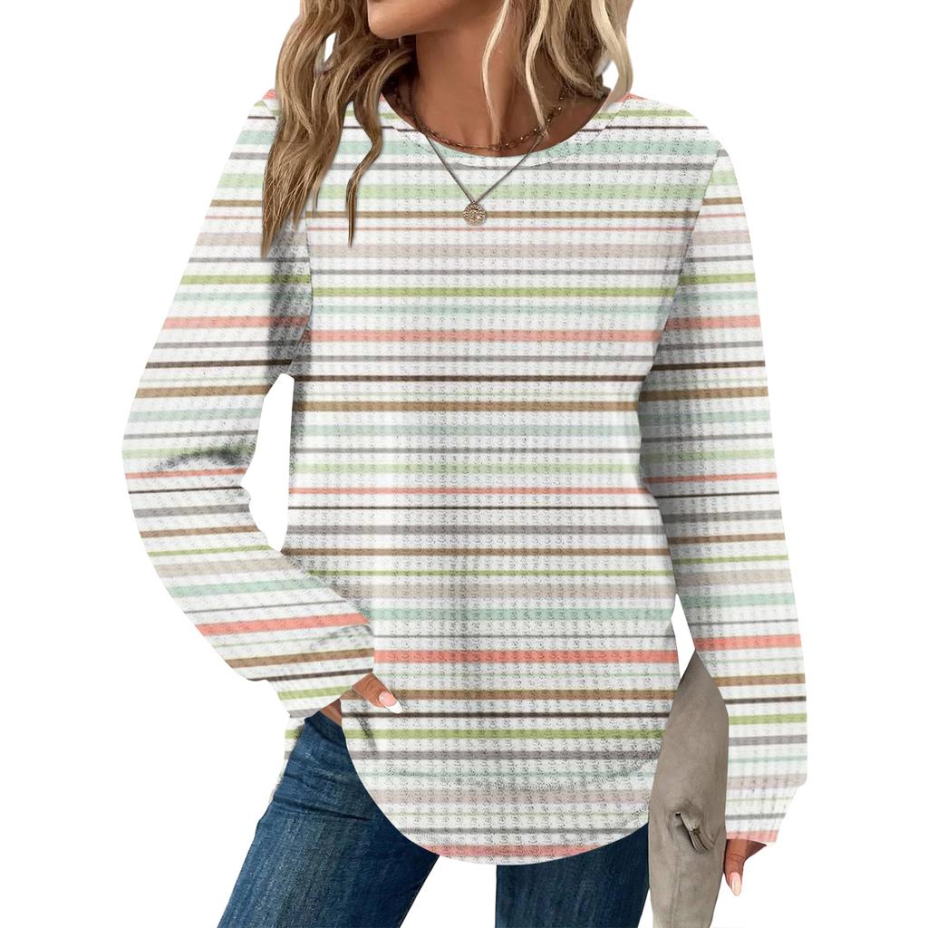 Women's Striped Print Round Neck Long Sleeve Loose Casual Top