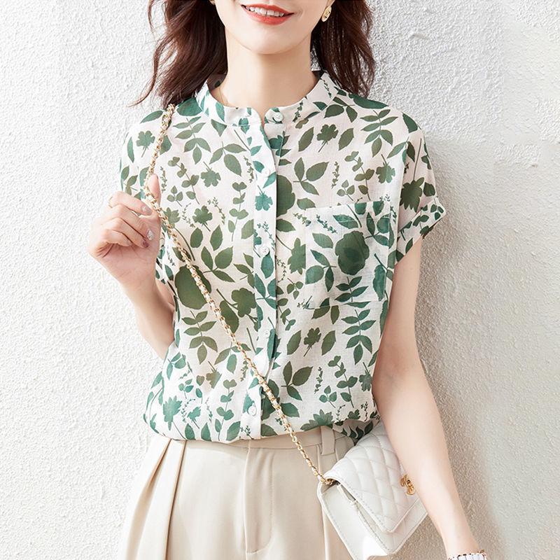 Bluse Top da Donna Estivo Stile Camicie Top da Donna Casual Manica Corta Collo Alto Stampa Floreale Blusas Top