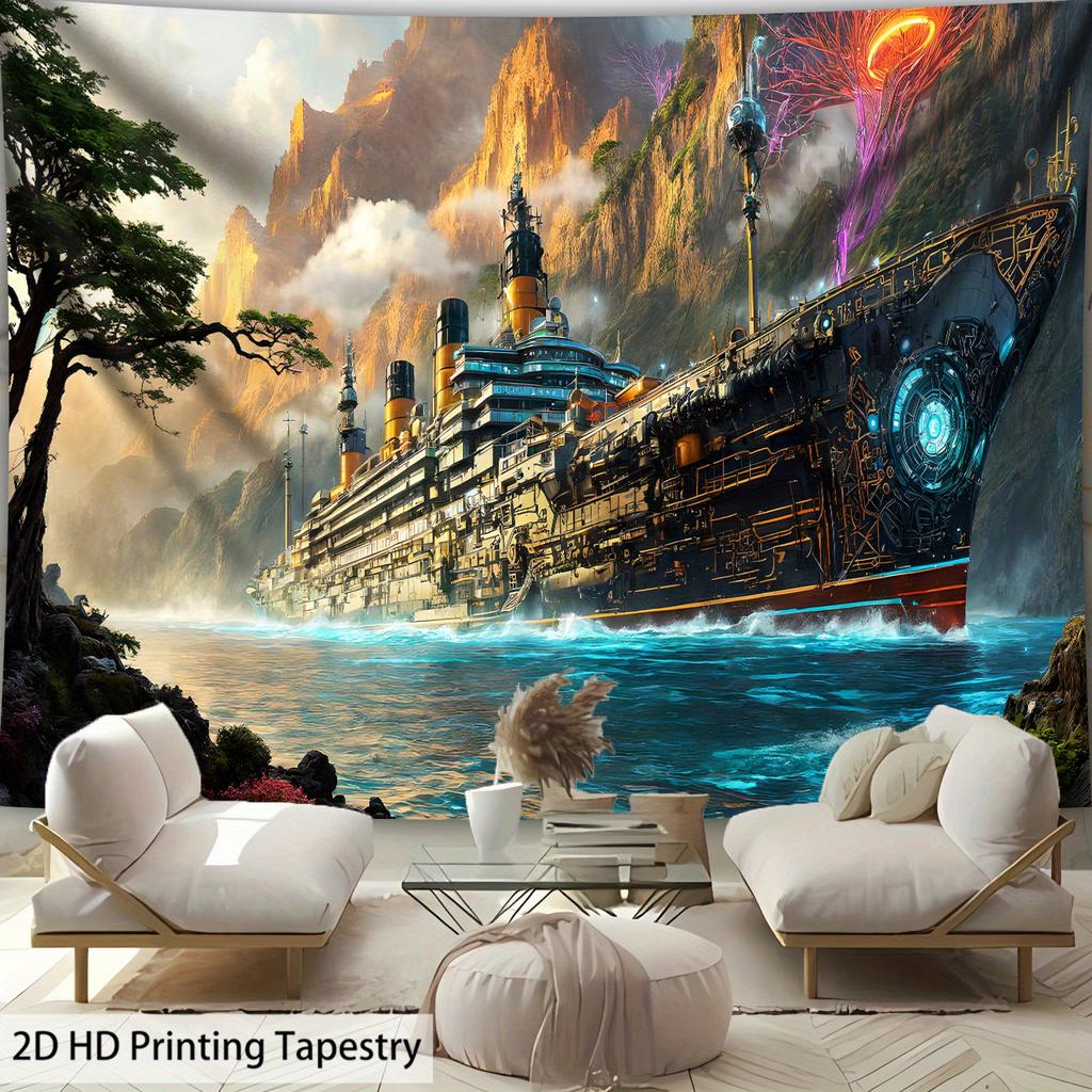 Sailing Ship Canyon Scenery Digital Printing Polyester Wall Hanging Tapestry Decorative Living Room Bedrooms Background Gift