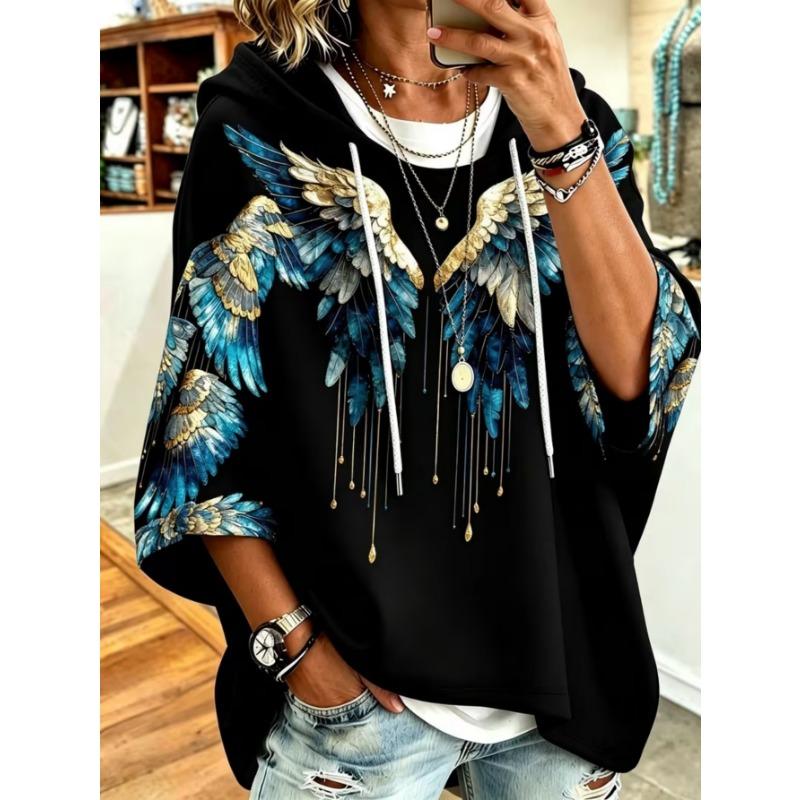 Kadın Plus-Size Kapüşonlu Sweatshirt, Zarif Rahat Sade Desen Baskılı, Modaya Uygun ve Çok Yönlü