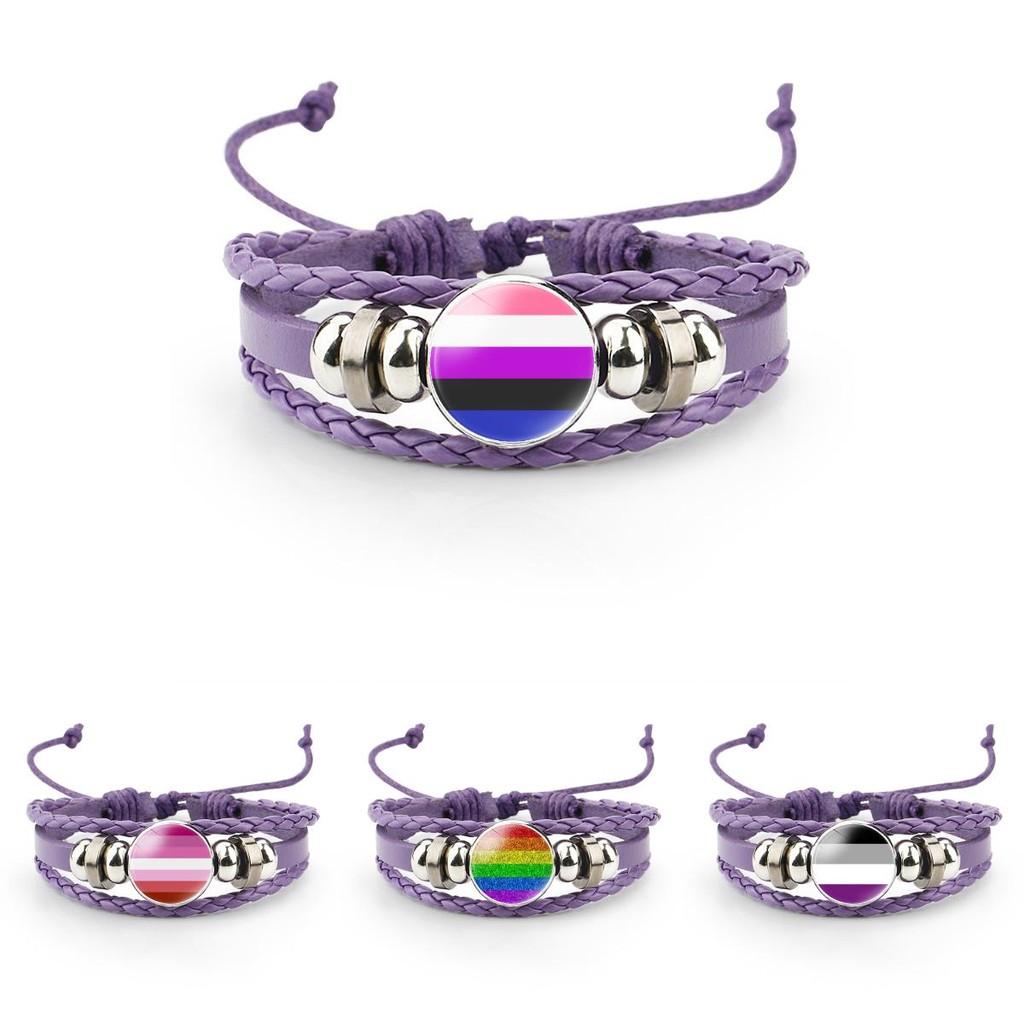 Unique Purple Leather Bracelet With Rainbow Flag Time Gemstone For Men And Women