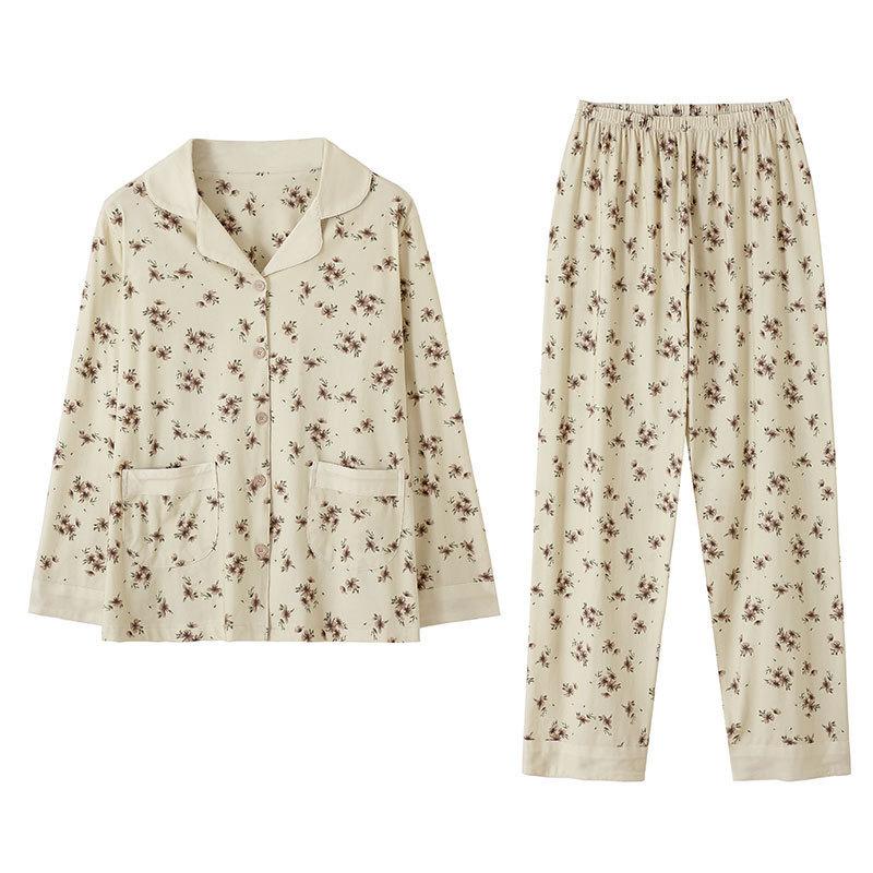 Pajamas women's spring and autumn pure cotton long-sleeved autumn cotton thin middle-aged mother loose large size autumn loungewear