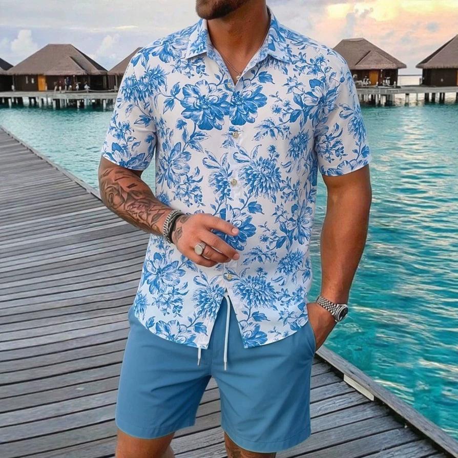 Comparison of Summer Plant Print and Tropical Broad-leaved Green Loose Quick Drying Short Sleeved Shirt for Men's Shirt Set