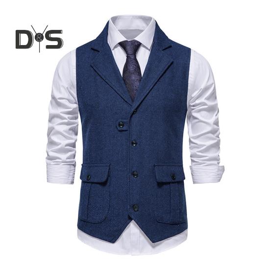 

Мужской жилет с лацканами, без рукавов, однобортный, приталенный жилет с карманами с клапанами, однотонный деловой жилет, пальто M темно-синий