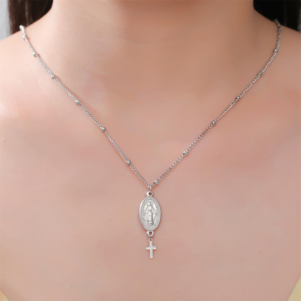 EUEAVAN Virgin Mary Cross Pendant Necklace for Women Holy Mother Maria Necklaces Stainless Steel Christian Amulet Jewelry Gift