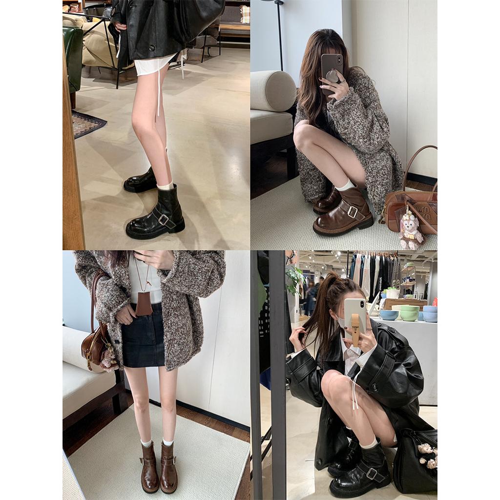 Washed Shrink Horse Leather Boots Side Zipper Buckle Locomotive Short Boots Women'S Martin Boots