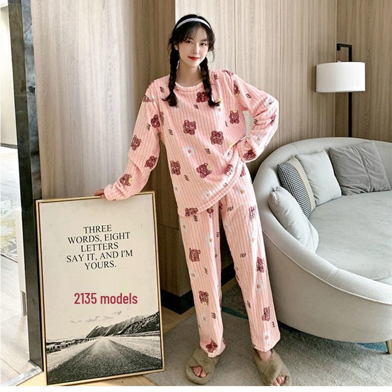 Women's Winter Coral Fleece Pajama Set - Thick, Warm, Round Neck, Mid-Length Casual Homewear