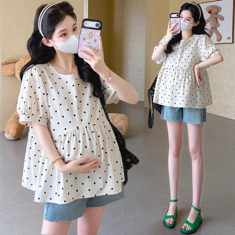 2026 Summer Polka Dot Maternity Cotton Linen Oversized Shirt M