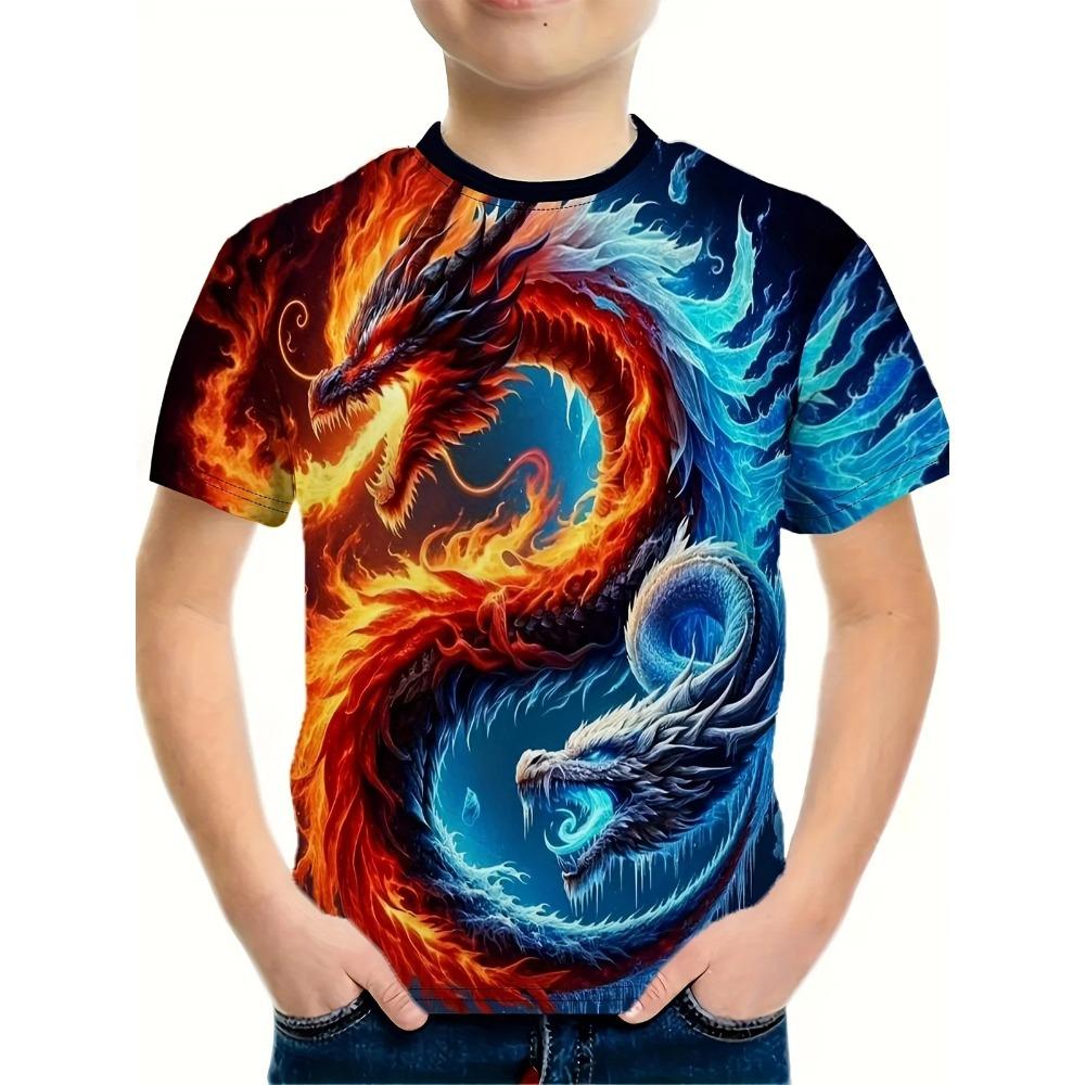 3D Dragon Pattern Boys' T-shirt Children's Round Neck Short Sleeve Cartoon Animal Top T-shirt