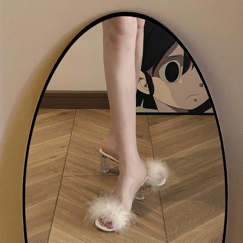 Fairy Wind Fluffy Slippers Female Summer Wear 2025 New Internet Celebrity Thick Heel One-word Drag Crystal High Heel Cool Slippers