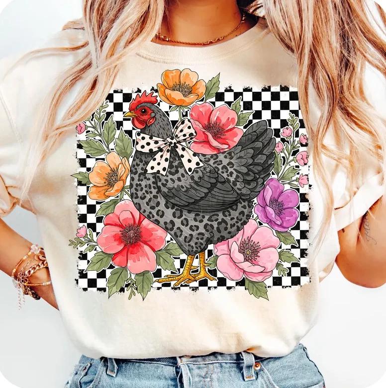 Checkered Flower Chicken Coquette Shirt, Wildflower Leopard Chicken Lover Shirt M