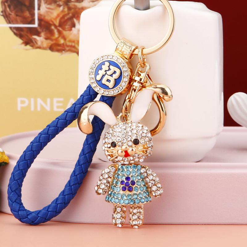 Cute Creative Metal Rabbit Keychain With Rhinestone Flower Dress For Women Gifts