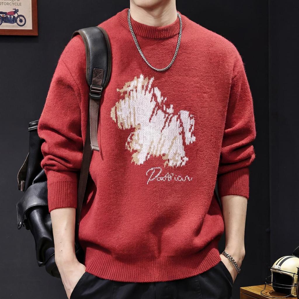 Men's Trendy Red Sweater - 2025 New Year Edition, Round Neck, Print Design, Lazy Style Knitwear, Plus Size Available