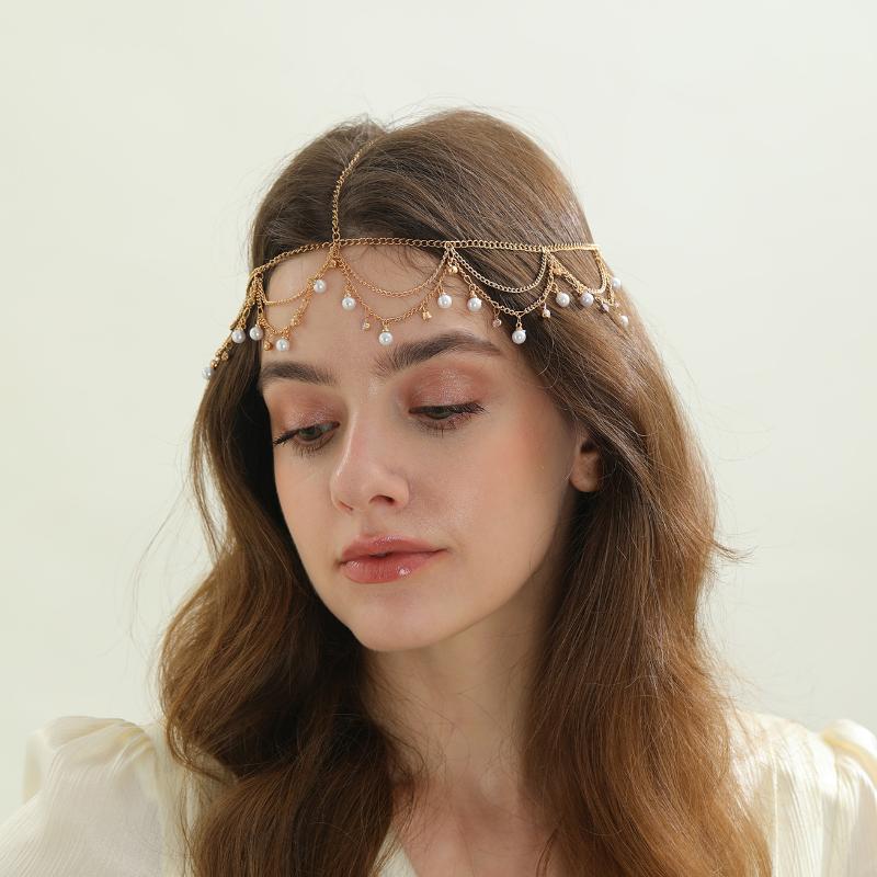 Fashion Bohemia Pearl Sequin Tassels Multi-Layer Hair Chain For Women Bride Rhinestone Forehead Chain Hair Jewelry