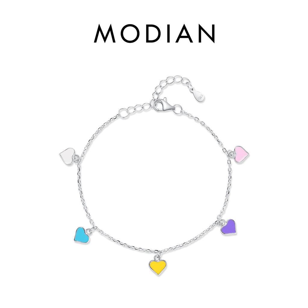 MODIAN 925 Sterling Silver Colorful Hearts Bracelet Rainbow Enamel Link Chain Party Fine Jewelry For Women Valentine's Day Gift