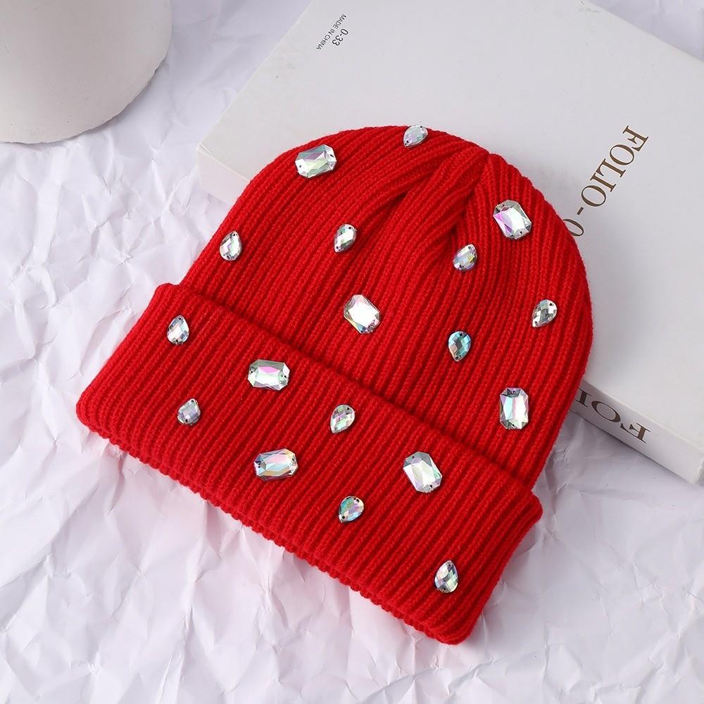 Rhinestone-embellished Pullover Knit Cap Solid Color Skull Cap Rhinestone-adorned Hat Winter