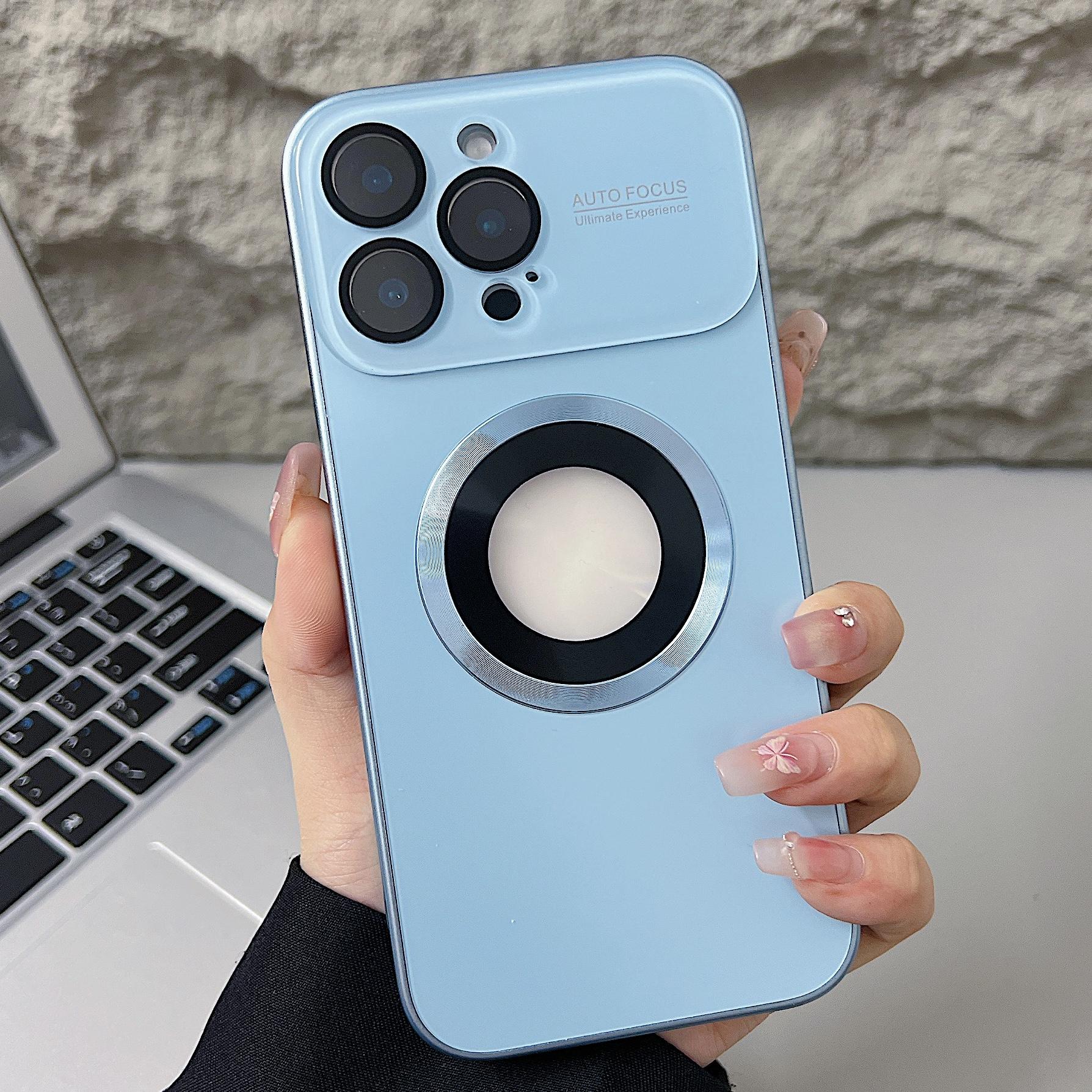 

Deluxe Large Window Magnetic Logo Hole Case For iPhone 16 15 14 13 12 11 Plus Pro Max For Magsafe AG Frosted Glass Lens Cover iPhone 13 Pro Max світло-синій колір
