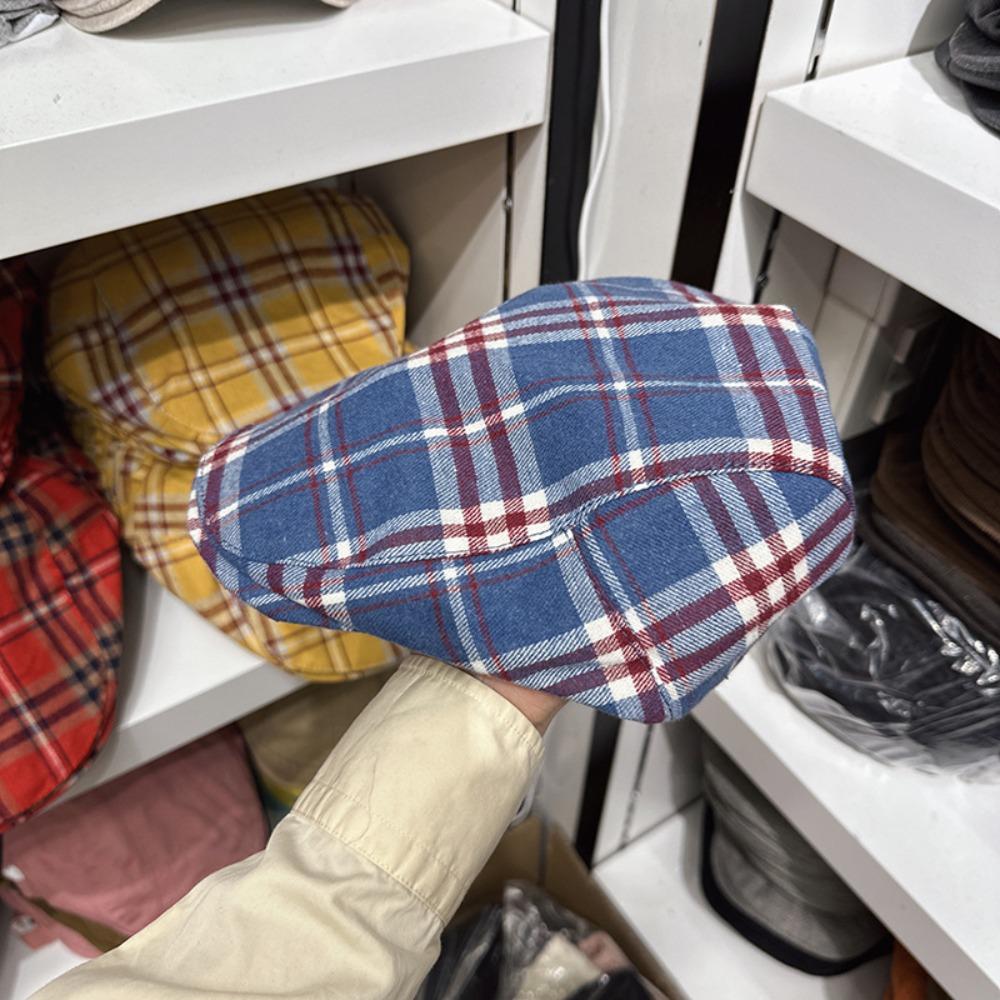 Cool Checkered Bud Caps Large Head Girth Yellow Tartan Beret Painter Hat  Clothes Accessories