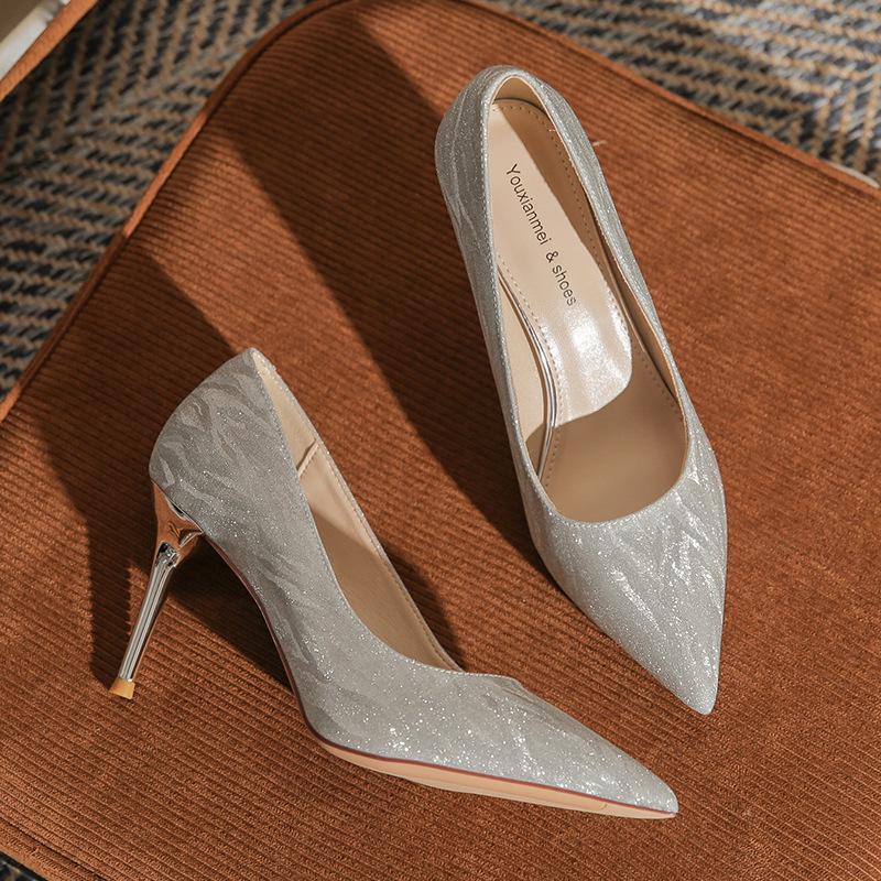 French Sequin High Heels: Xiuhe Wedding Dress Pointed Toe Flats for Women Size 34