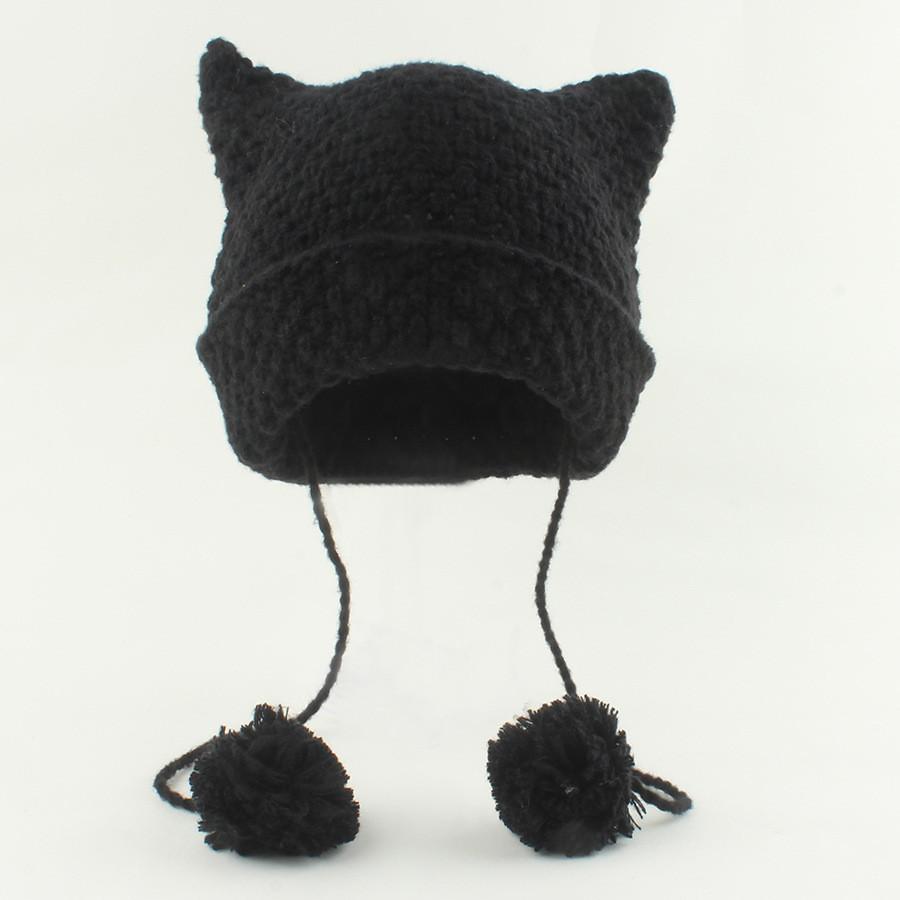 Handmade Striped Cat Ear Knit Hat For Adults Winter Warmth With Artistic Design Black
