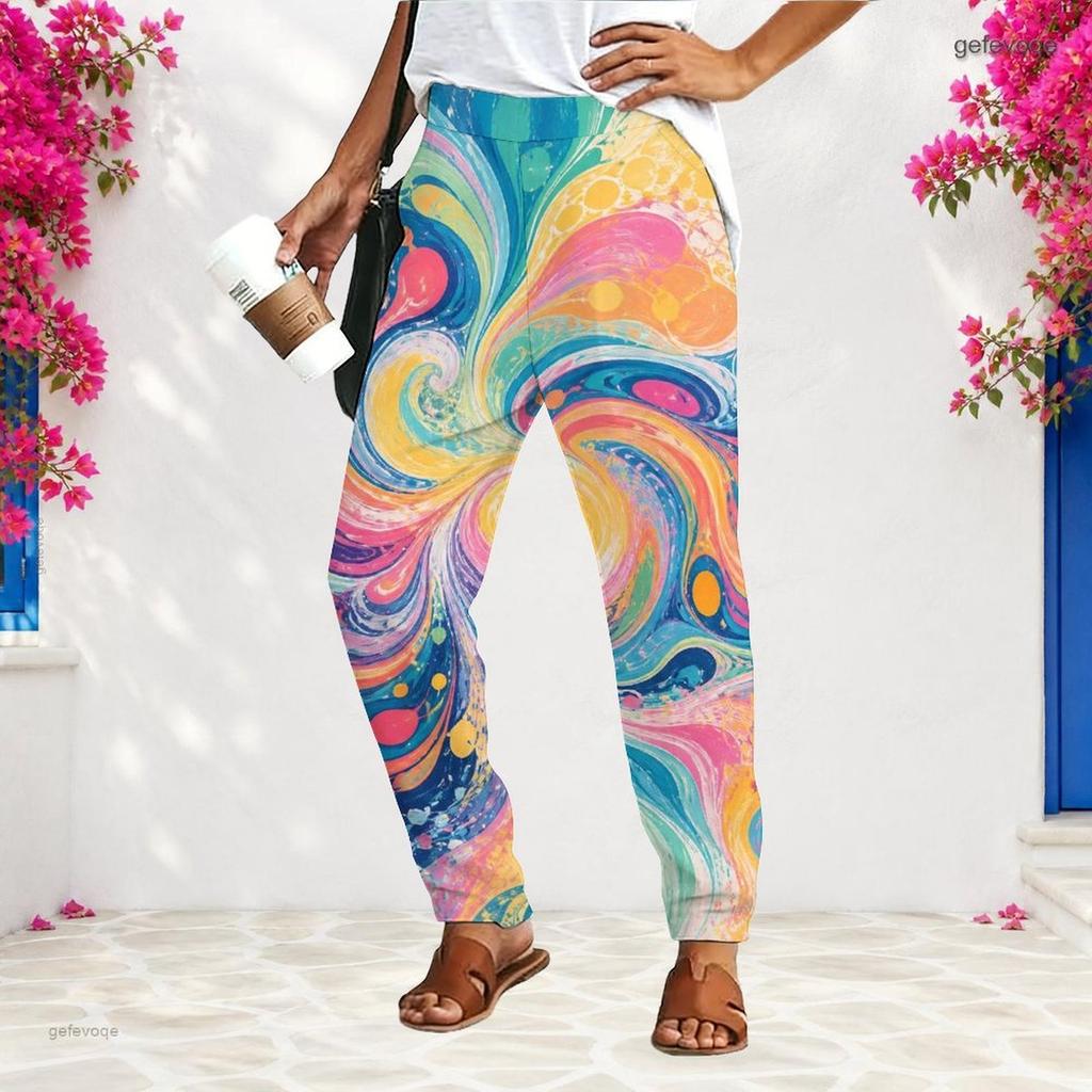 Women S Plus Size Loose Fit Printed Long Pants Black Pink Gradient With Pockets