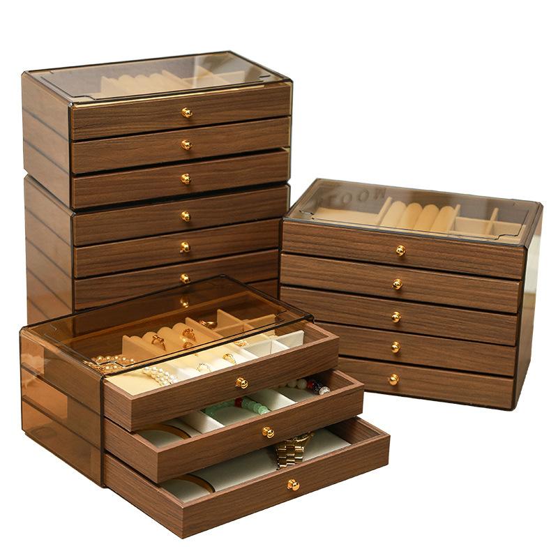 High-end walnut pattern jewelry box, large-capacity five-layer storage box, light luxury divided drawer jewelry box