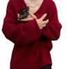 Women's V-Neck Red Wool Sweater - Oversized, Long-Sleeve, Autumn/Winter Knit Base Layer.