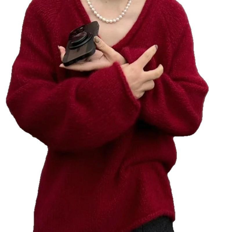 Women's V-Neck Red Wool Sweater - Oversized, Long-Sleeve, Autumn/Winter Knit Base Layer.