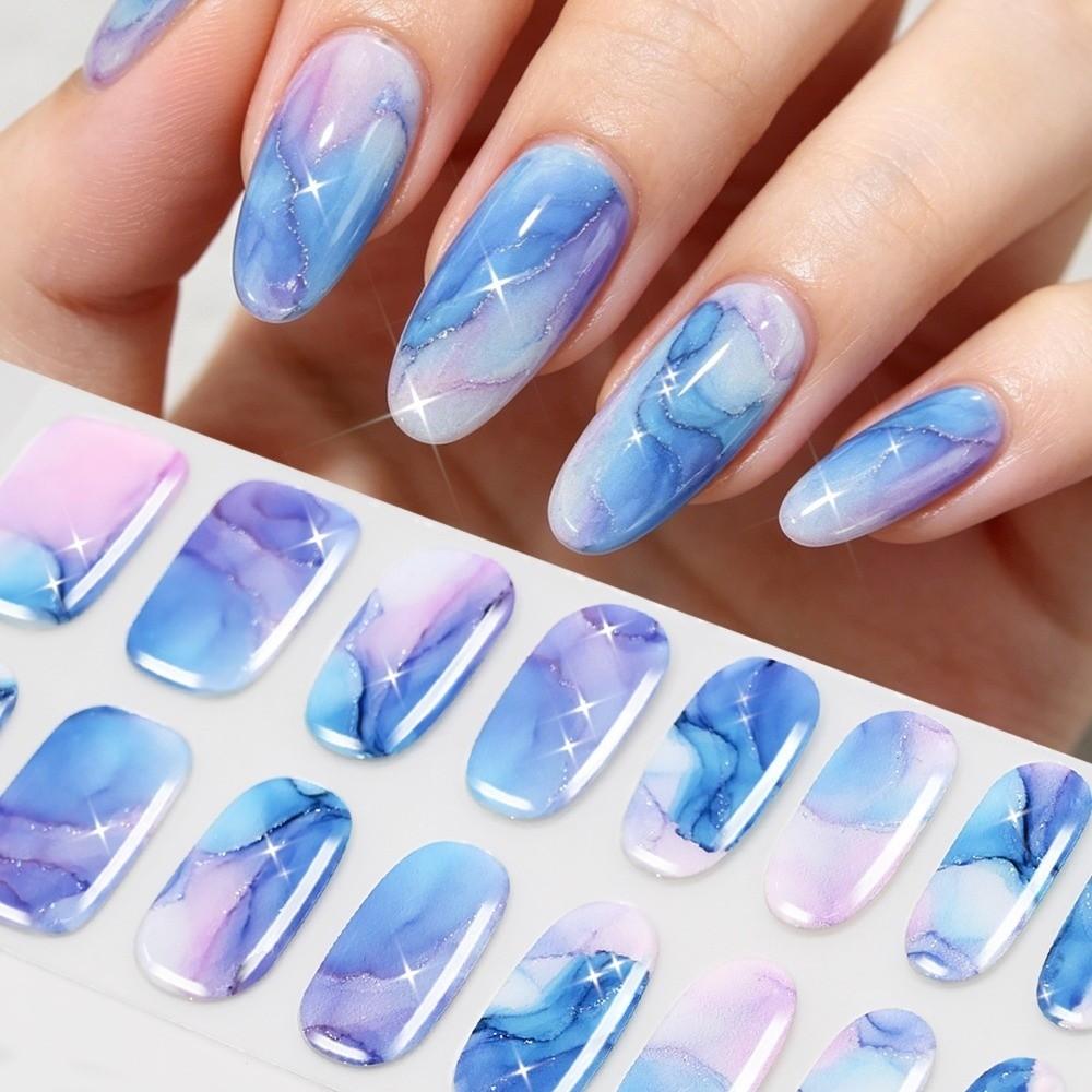 Self-Adhesive UV Polish Nail Strips 3D Glitter Marble Full Cover Nail Wraps Women