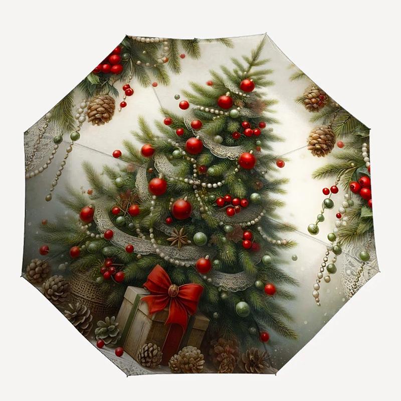 1pc Christmas Tree with Presents and Berries, Auto Open Close Umbrella, Portable Tri-Fold Design, 8-Bone Iron Frame Outdoor Umbrella, Festive Gift for