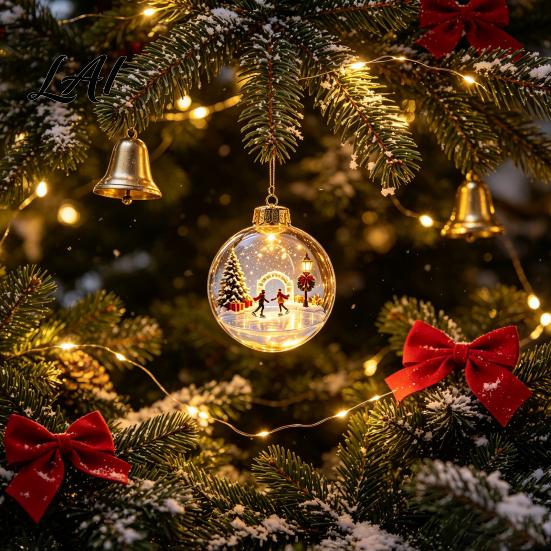 3D Winter Scene Baubles Glowing Christmas Story Ornament Light-Up Ball with Warm LED Light Mini Holiday Acrylic Festive Tree in Clear Hanging