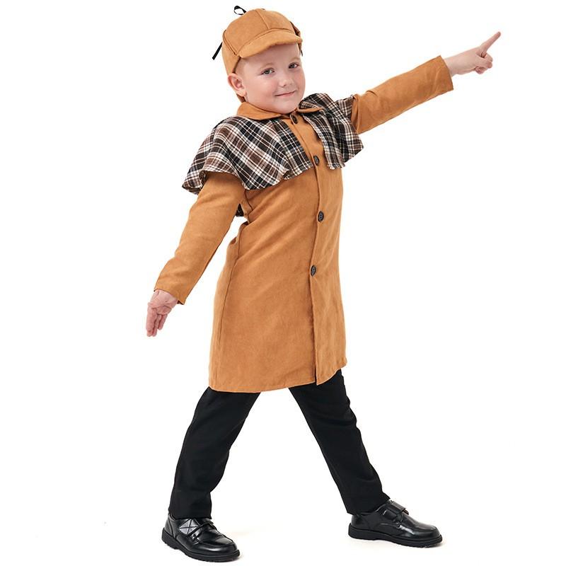 Kids Detective Costume Set Halloween Party Cosplay Outfit Long Sleeve Plaid Suit With Hat Glasses