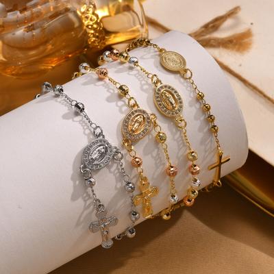 Vnox Thin Style Fashion Chain Bracelets,Jesus Cross Virgin Mary Prayer Accessory Bead Bracelet,Religious Women Jewelry Catholic