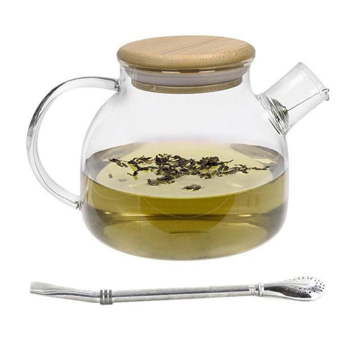 1 L Glass and Bamboo Teapot + Stainless Steel Straw with Filter