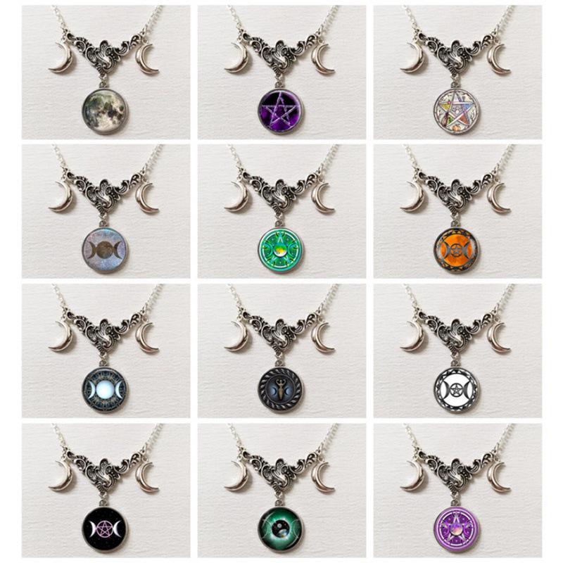 Triple Moon Silver Necklace with Full Moon and Crescent Pendant