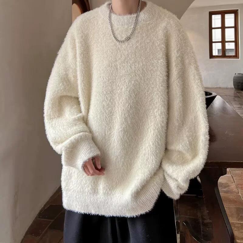 

Autumn and Winter Men s Solid Fluffy Knitted Sweaters Korean Fashion Loose Warm Pullovers Winter Couples Vintage Knitwear Jumpers XS бежевый