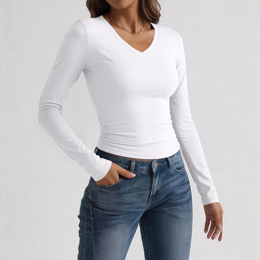 Women's Slim Fit V Neck Long Sleeve T Shirt Stretchy Milk Silk Fabric Soft Texture Basic Layering Top