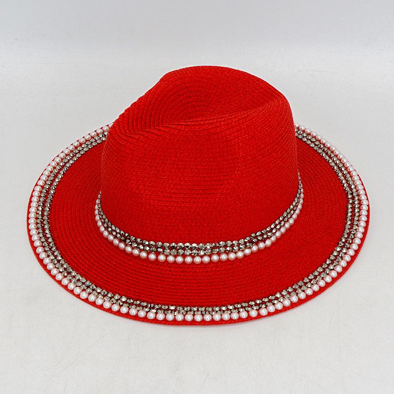 Woven Lafite Pearl Straw Hat British Style Hot Diamond Top Hat Outdoor Trend Sun Protection Big Brim Sun Hat
