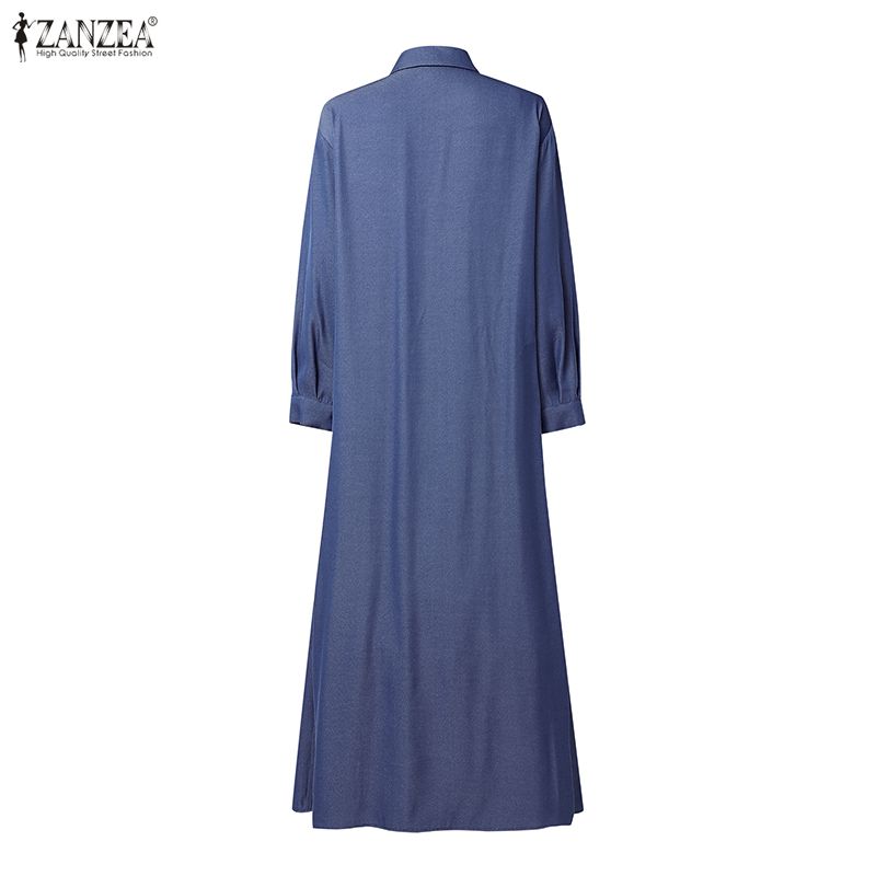 ZANZEA Women Casual Turn Down Collar Loose Long Sleeve Retro Long Dress