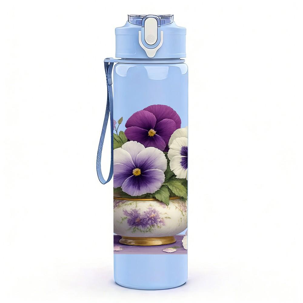 1PC Purple Pansy Flower Vase 750ml Color Plastic Sports Water Bottle Leakproof Flip Straw Lid For Sports Office Home Use