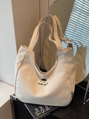 Sacola de Ombro de Lona Minimalista de Grande Capacidade 2025 com Bordado