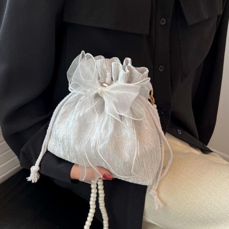 

Chic Bowknot Canvas Crossbody Bag with Faux Pearl Chain Versatile & Stylish Bucket Shoulder Purse for Women