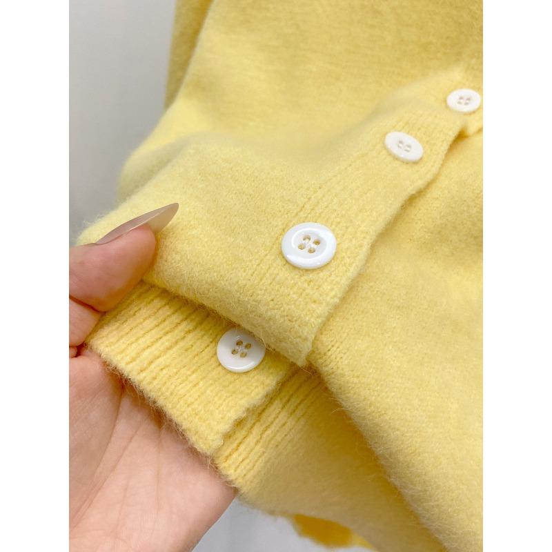 Tender yellow white single-breasted cardigan women's autumn and winter soft waxy long-sleeved top jacket round neck lazy wind knitted sweater