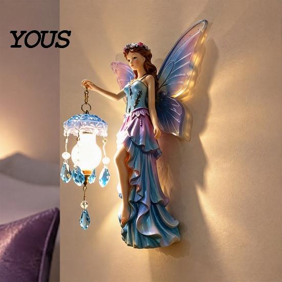Artistic Wall Lamp for Living Room Fairy Night Light, Resin Elf Sculpture Lantern Bedroom, 3D Flower Hanging Art Decor with Faux Crystal Pendant,