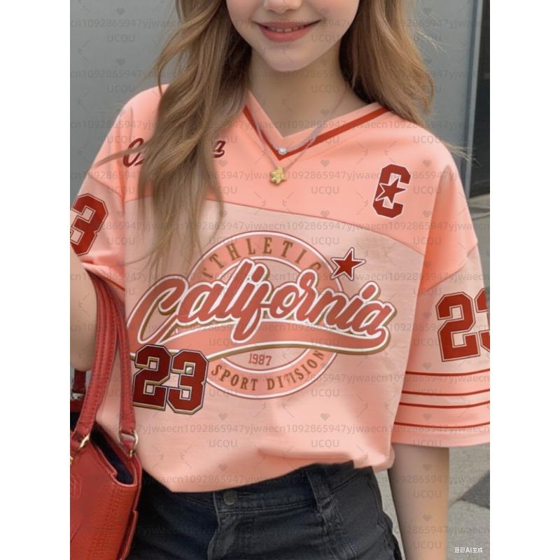 Girls Casual Sports Style California Print Short Sleeve V-Neck Women's Children Men's T-shirt Tops