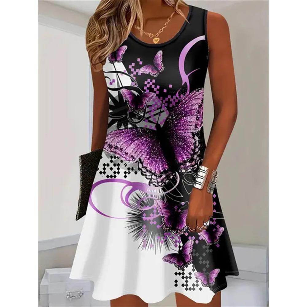 

Sleeveless Butterfly Pattern Fashion Women Mini Dresses Summer 3D Printed Elegant Ladies Dress Pocketless Loose Plus Size Dress 2XS рожевий