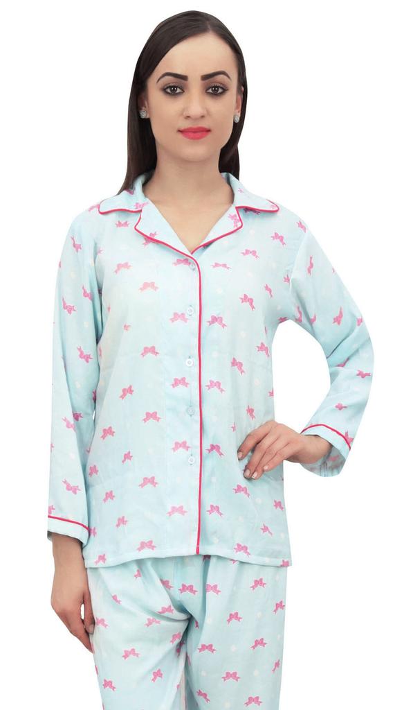 Bimba Sky Blue Gift Ribbon Print Women Shirt With Pajama Pants 2 Pcs Nightwear -
