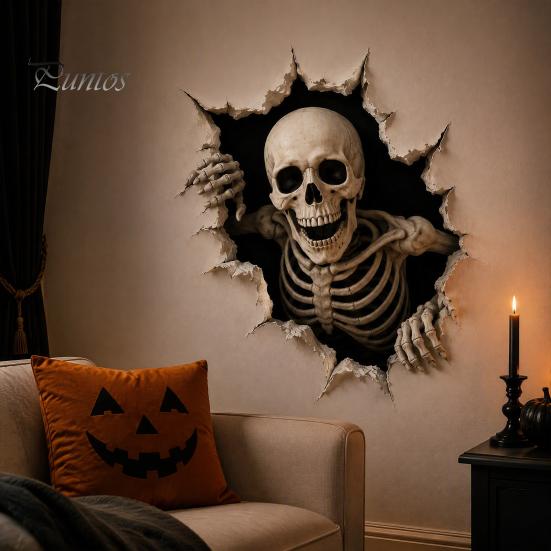 Festive Wall Art for Living Room Halloween Break-in 3D Decals, Illusion Effect Spooky Breaking Through Seasonal Home Accents Sticker, Horror